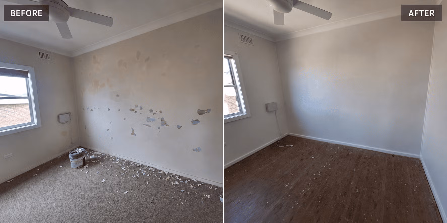 Interior room before and after preparation and painting